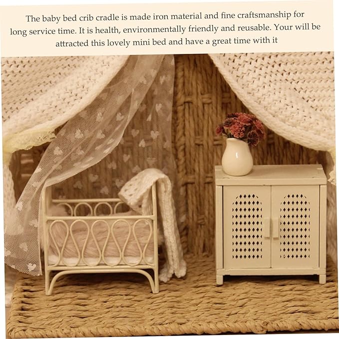 Dollhouse Bed, 1/12 Scale Metal Doll House Bed, Miniature Beds for Dollhouse, Miniature Baby Crib Cradles for