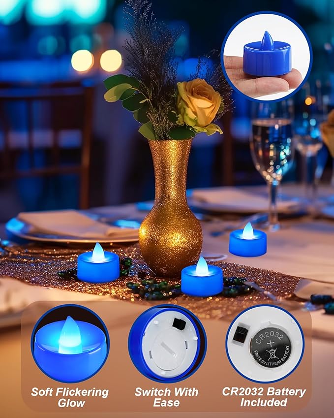 BEICHI Flameless Candles, 24Pack Battery Operated Candle, LED Tea Lights Candles Battery Operated, Flickering Fake Tealights Candles for Halloween, Christmas, Wedding- Blue