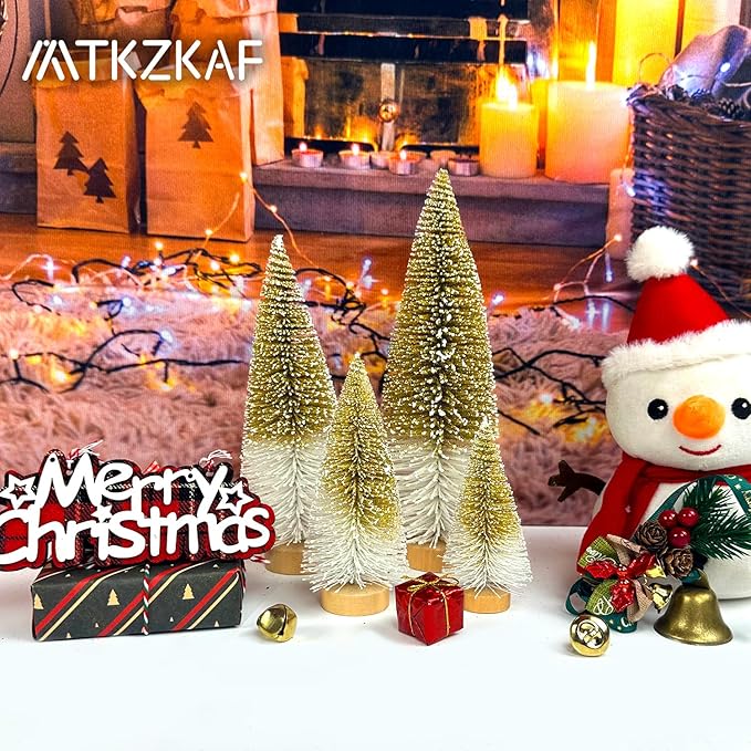 MTKZKAF Mini Christmas Trees Bottle Brush Christmas Trees for Christmas Decorations Multicolor Table Top Gradient Christmas Tree with Wooden Base (Gold+White)
