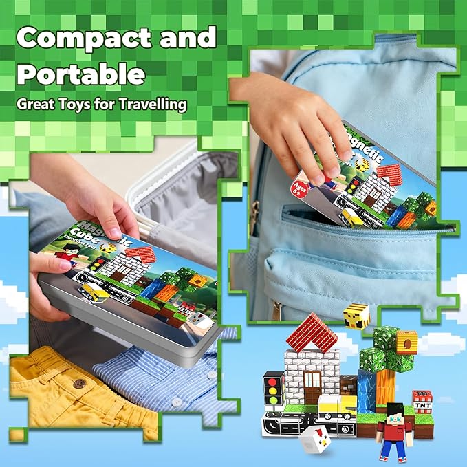 45 Pcs Travel Magnetic Blocks with 1 Pcs Magnetic Figures -Mini Magnetic Building Blocks for Kids Ages 4-8, Magnet Cubes Stacking Toys with Portable Metal Box, Birthday Gift for 3+ Year Old Boys Girls