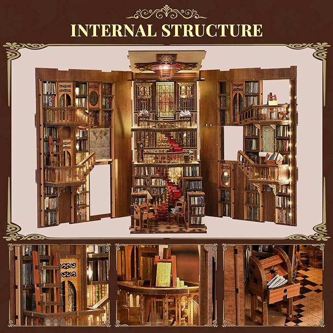 Book Nook Kit, DIY Miniature House Dollhouse Kit for Adults and Teens, Booknook Tiny House Bookshelf Decor with LED Light and Dust Cover (Abbey Library)