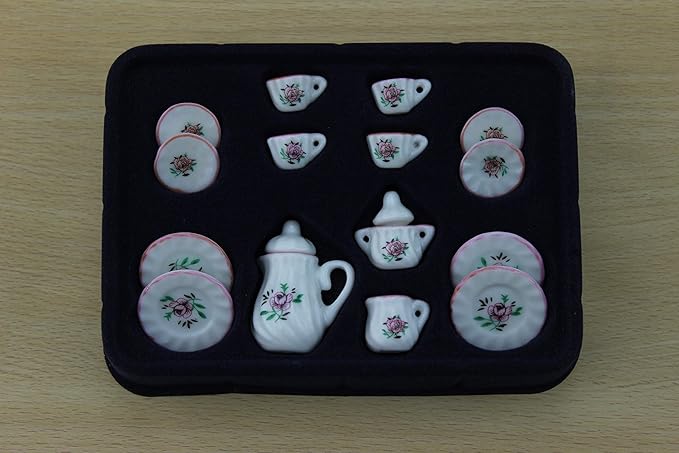Dollhouse Decoration Accessories, 1:12 Dollhouse Miniature Scene Model 15 PCS Porcelain Teacup and Saucer Set(C, 15 Pcs)