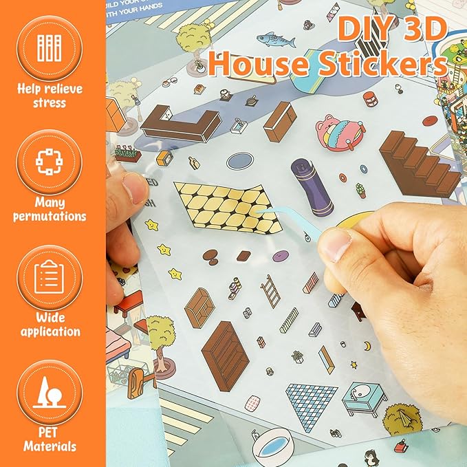 DIY 3D Sticker Scene, 10 Sets Fun DIY 3D House Stickers, Make Your Own Mini Room Scenes, Cute Cartoon 3D Miniature Scene Stickers Book, 3D Sticker Therapy for Adults Kids Relief Stress Pass The Time