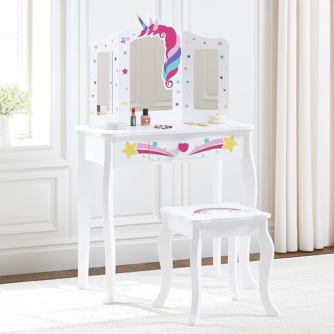 Spirich Kids Vanity, Girls Vanity Set with Mirror and Stool and Lights, Kids Vanity Table and Chair Set, Wooden Princess Makeup Desk Dressing Table