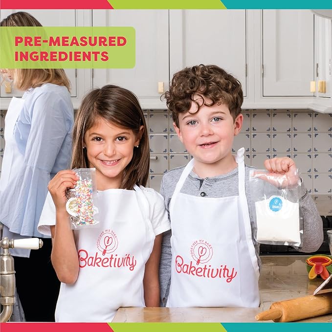 Baketivity Kids Baking Set, Meal Cooking Party Supply Kit for Teens, Real Fun Little Junior Chef Essential Kitchen Lessons, Includes Pre-Measured Ingredients (Kit +Hat & Apron, Pretty Petals)