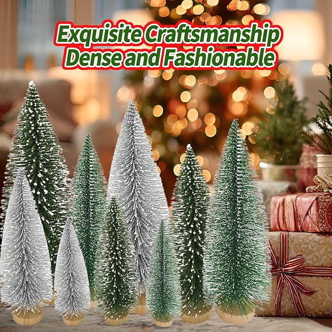 Yahpetes Christmas Trees 9 Pcs Artificial Bottle Brush Tabletop Trees Christmas Table Decorations for Xmas Holiday Party Decor (Silver,Green,Dark Green 9Pcs)