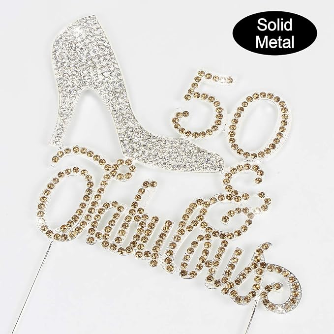 LINGTEER 50 Fabulous Silver High Heel Rhinestone Crystal Cake Topper Perfect for 50th Birthday Anniversary Party Keepsake Sparkle Decoration