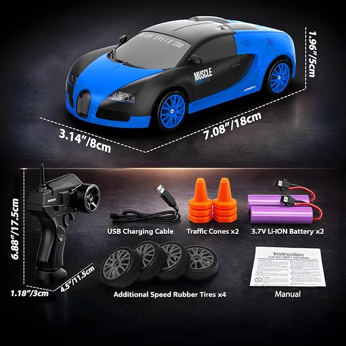 Remote Control Car RC Drift Car 2.4GHz 1:24 Scale 4WD 15KM/H High Speed Model Vehicle with LED Lights Drifting Tire Racing Sport Toy Car for Adults Boys Girls Kids Gift 2Pcs Rechargeable Batteries