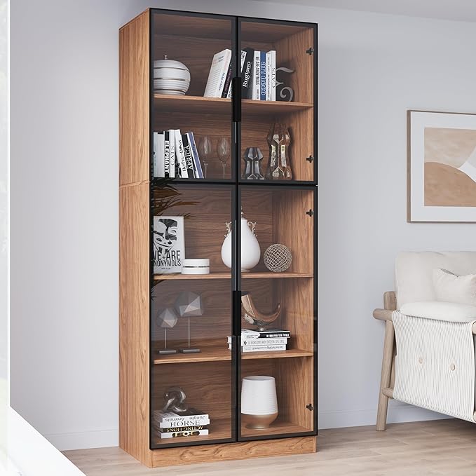 Modern Display Storage Cabinet with LED Lights, Glass Door Tall Showcase with 5-Tier Shelves for Collectibles, Books, Wine, Curio Cabinet for Home Office Living Room Bedroom, Walnut