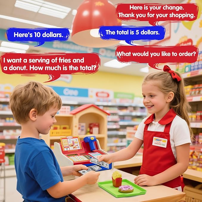 Wee Wonders Wooden Cash Register for Kids with Real Calculator, Rechargeable Cash Register Toy with Scanner/Play Money/Food/Credit Card/Menu, Pretend Play Toys Gifts for Boys Girls Ages 3-8, Blue