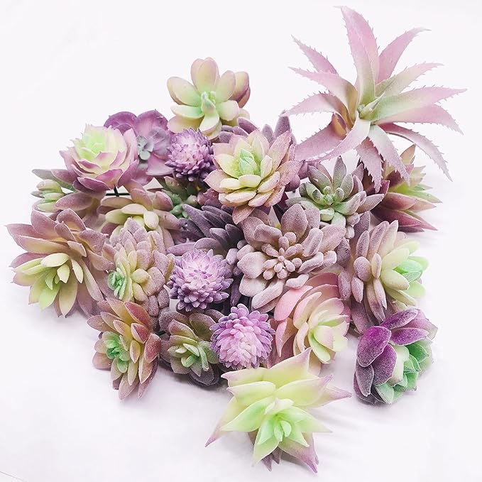 Woohome 25 PCS Artificial Succulent Plants, Purple Fake Succulent Unpotted Faux Succulent Assortment in Flocked in Different Type for Birthday Home Decor Indoor Wall Garden DIY