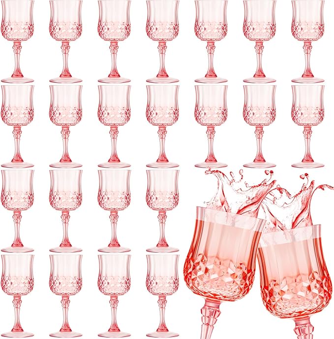 Pinkunn 24 Pcs 7 oz Plastic Vintage Wine Glasses Reusable Colored Goblets Patterned Drinking Water Glasses Cup Dishwasher Safe for Valentine's Day Wedding Reception Party Supplies (Pink)