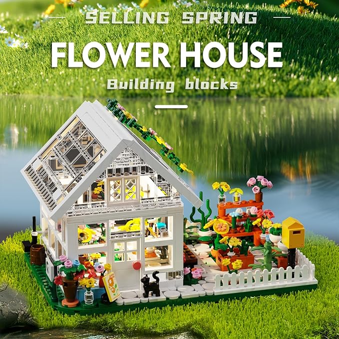 LEGPS YYDS Flower House Building Mini Set with LED, City Street View Greenhouse Building Blocks Toy, Valentine Xmas Gift for Friends or Girls 8-12 Year