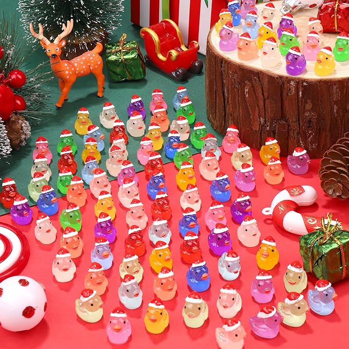 120Pcs Luminous Christmas Mini Resin Duck 14 Colors Glow in The Dark Small Duck Figurines for Miniature Christmas Decor Aquarium Ornament Dollhouse Decoration DIY Slime Craft Kit Birthday Party Favors