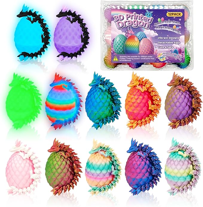 12PCS 3D Printed Dragon Eggs with Dragon Inside, Mini Dinosaur Eggs Articulated Crystal Animal Fidget Toy for Party Decor, Brithday Gift, Halloween