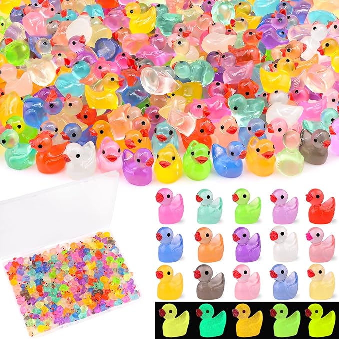 200PCS Mini Resin Animals Cute Tiny Ducks Glow in Dark,Miniature Duck Figures to Hide,Little Animal Small Figurines Bulk for Topper Desk Garden Dollhouse Landscape Ornaments DIY Crafts & Decor