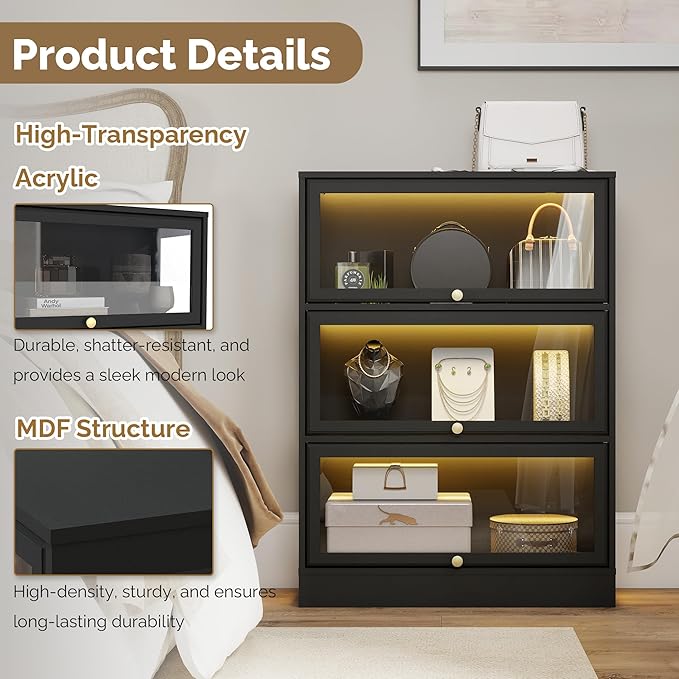 Display Cabinet with Acrylic Glass Doors,3-Tiers Curio Cabinet with LED Lighting for Collectibles, Collectibles Toy Organizers Rack & Display Shelf Display Case Storage Cabinet, Black