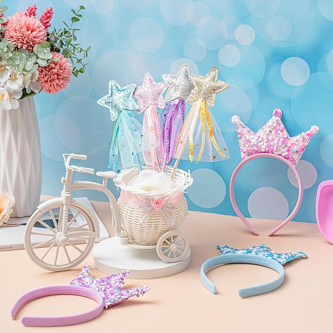 Hollowfly 48 Pcs Princess Party Favors Including 24 Glitter Star Fairy Wands and 24 Sequin Princess Crown Headbands for Girls Birthday Party Gifts