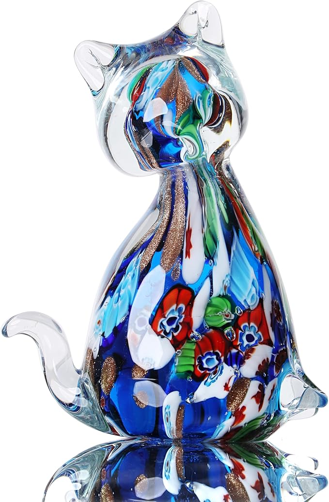 Yao Yuan Handmade Multicolor Glass Glass cat Statue - Elegant Swan Decor for Home and Office (Blue Color)…