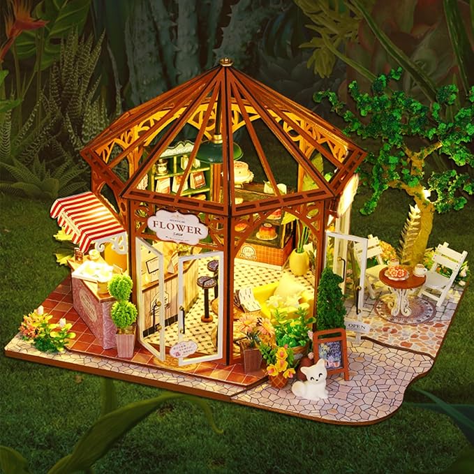 DIY Miniature House Kit, Mini Mocha Coffee Shop Building Set, 3D Wooden Dollhouse with Dustproof Cover, Creative Handmade Home Decoration, Gift for Adults Teens Birthday Christmas