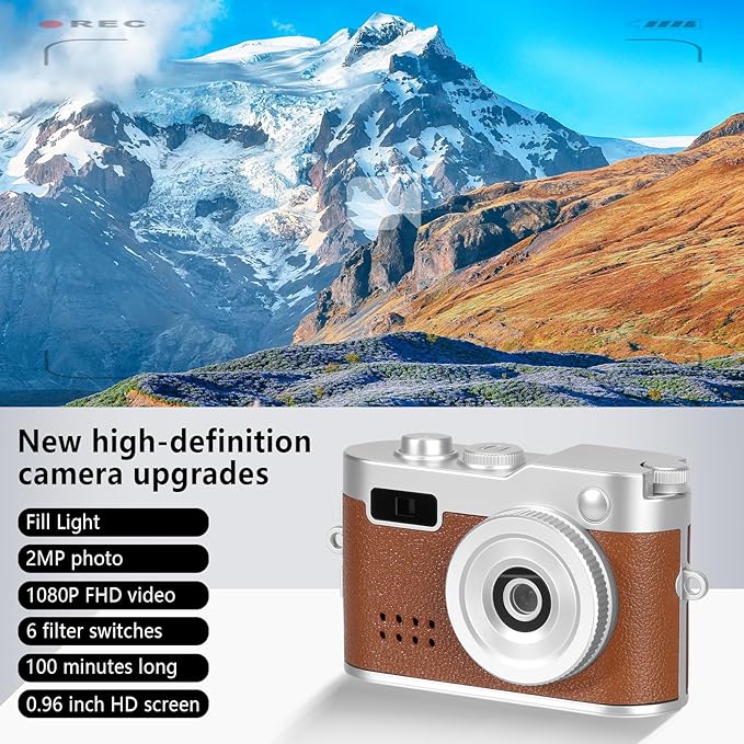 Mini Keychain Camera, FHD 1080p Mini Digital Camera with 32GB SD Card, 0.96" HD Display, 100 Mins Battery Life for Travel Recording Birthday Gifts (Vintage, Brown)