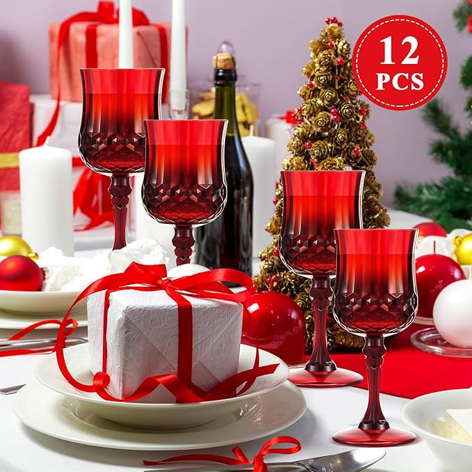 Pinkunn 12 Pcs 7 oz Plastic Vintage Wine Glasses Reusable Colored Goblets Patterned Drinking Water Glasses Cup Dishwasher Safe for Valentine's Day Wedding Reception Party Supplies (Red)