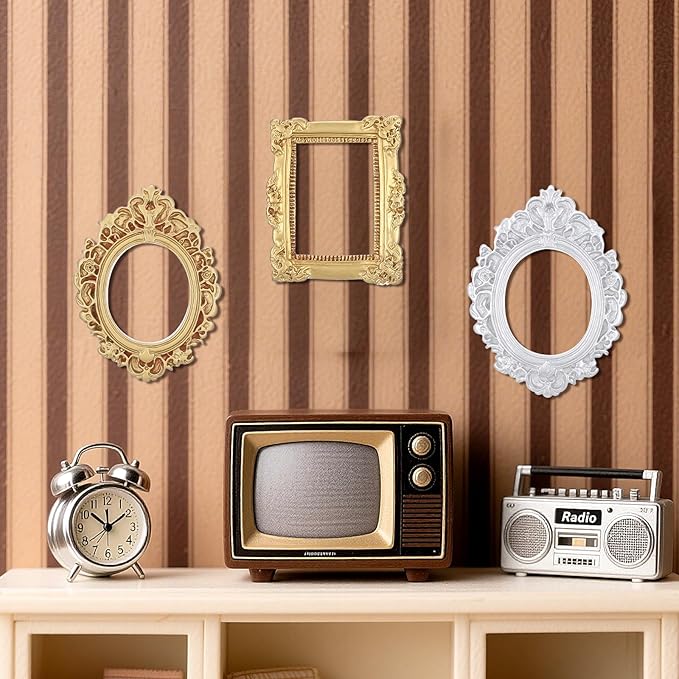 5 Pcs Miniature Picture Frames Vintage Dollhouse Photo Frames with Carved Golden Edges for Wall Hanging Desktop Display Jewelry Showcase Miniature Props for Dollhouse Model Train Garden