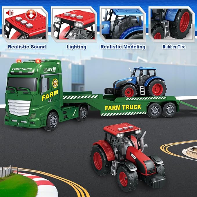 Toddler Boy Toys for 3 4 5 6 7 Years Kids, 25" Semi Flatbed Truck Toy with 2 Tractors, Friction Powered Vehicles Toys with Lights and Sounds, Birthday for Boy Girls