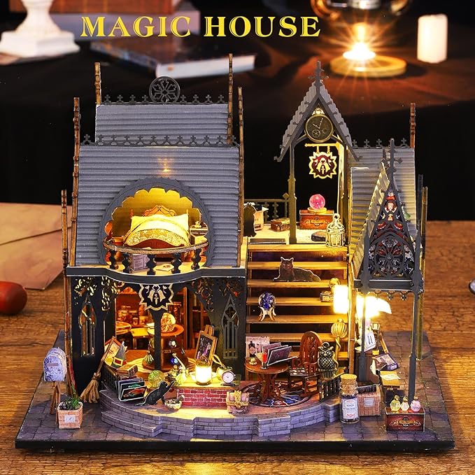 Spilay Dollhouse Miniature with Furniture,DIY Wooden Crafts Magic Doll House Mini Handmade Kit,1:24 Scale Creative Room Idea Gift (Luna's Maqic House with Dust Cover Music Box)