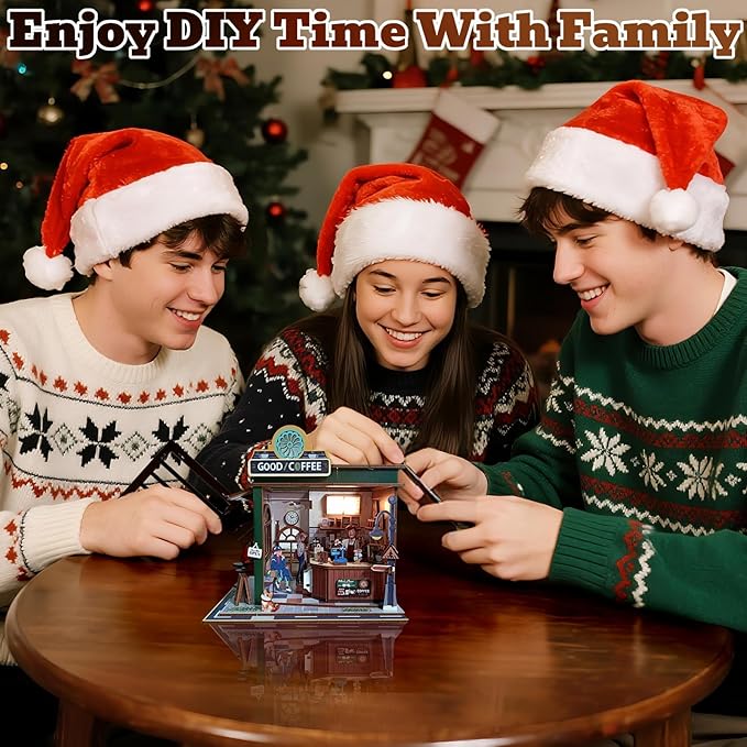 3D Wooden Puzzles Book Nook Kits for Adults Miniature House Building Kits, DIY Tiny Wooden Crafts Model Bookshelf Decor with LED Lights, Gifts for Family, Friends, Christmas(Coffee Shop)