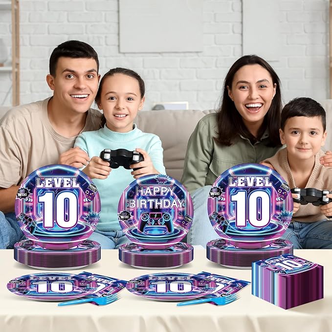 96Pcs 10th Birthday Video Game Party Decorations 10 Years Old Themed Tableware Purple Blue Plates Napkins Forks Level 10 Dinnerware Party Supplies for Kids Boys Gamer Gaming Birthday Serves 24 Guests