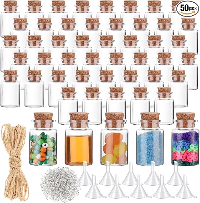 Bokon 50 Packs Mini Plastic Bottles with Corks Stoppers Eye Screws Funnels Small Potion Bottles Tiny Clear Sand Art Jar Wishing Vial for Birthday Party DIY Crafts Gift