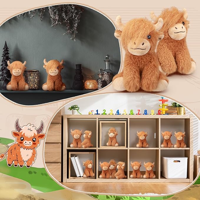6 Pcs Highland Cows Stuffed Animal 6 Inch Realistic Scottish Stuffed Highland Cow Cattle Plush Toys Fluffy Animal Decor for Stress Relief Boys Girls Birthday Favors Gifts Forest Party Decor