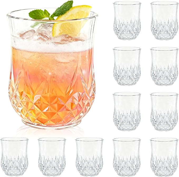 LEYIQU Stemless Wine Glasses, Plastic Reusable Cups Vintage Drinking Glasses Tumblers, Valentine’s Day Gifts for Couples, for Whisky, Beer, Juice, Beverages, Cocktai (12, 12oz-Transparent)