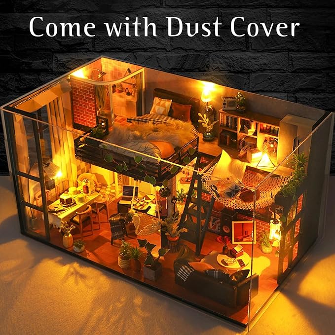 DIY Miniature House Kit, Dollhouse Kit with Dust Cover, Mini House Building Kits for for Adult to Building, Christmas Home Decorations Gifts for Family and Friends, Loft