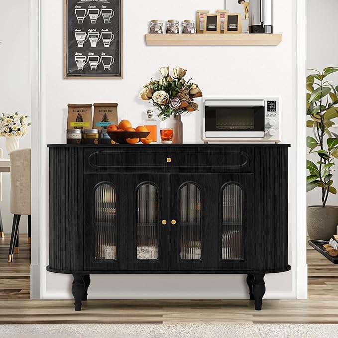 47'' Fluted Sideboard Buffer Cabinet with Drawer, Modern Credenza Storage Cabinet, Bar Cabinet Console Table with Tambour Sliding Side for Living Dining Room Kitchen Hallway Entryway, Black