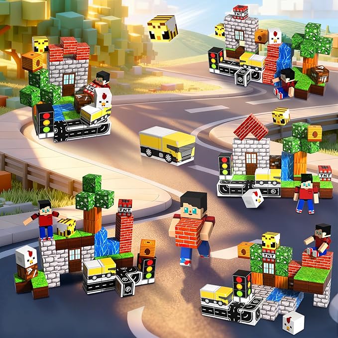 45 Pcs Travel Magnetic Blocks with 1 Pcs Magnetic Figures -Mini Magnetic Building Blocks for Kids Ages 4-8, Magnet Cubes Stacking Toys with Portable Metal Box, Birthday Gift for 3+ Year Old Boys Girls