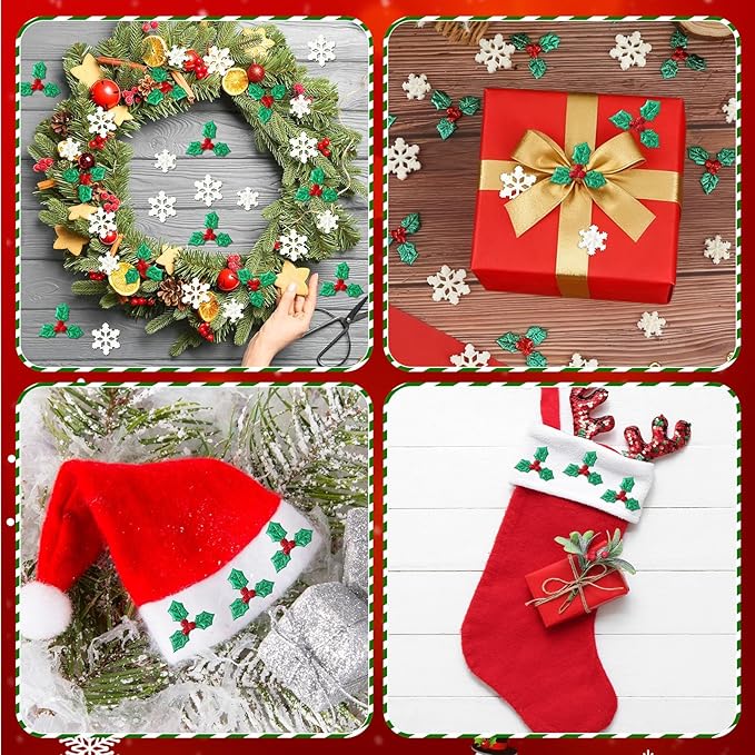 JUNEBRUSHS 120Pcs Miniature Resin Christmas Decorations, Mini Resin Snowflake Holly Leave Berries, Christmas Embellishment for Xmas DIY Craft Wreath Tree Home Table Decor Floating Vase Filler