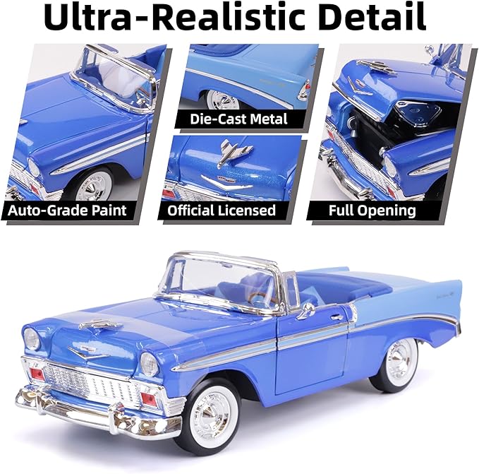 1956 Chevrolet Bel Air 1/18 Scale Die-Cast Metal Model Premium Classic Vintage Alloy Cars with Display Case, with Opening Doors, Best Gift for Men, Dad 14+ Years (Blue)