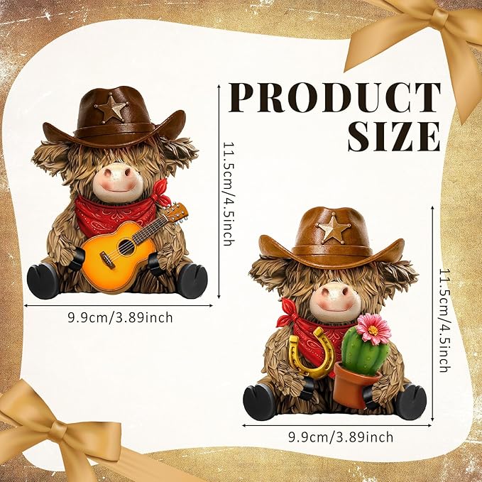Burbell 2 Pcs Highland Cow Figurines Decor Cowboy Gnomes with Western Cowboy Hat Resin Statue Calf Lovers Gifts for Farmhouse Home Garden Bathroom Kitchen Office Tiered Tray Table Decor