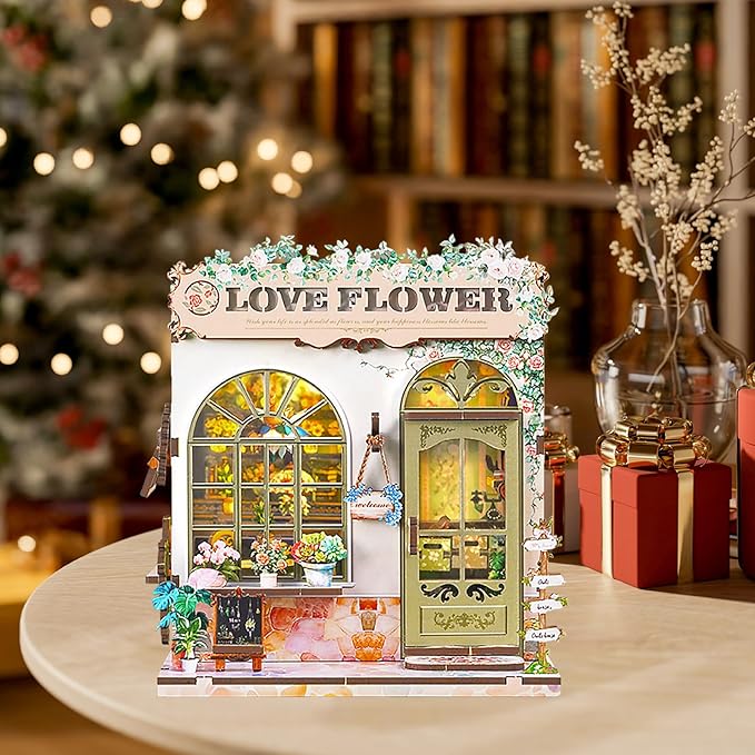 Book Nook Kit – DIY Miniature House Kit with LED Light, 3D Wooden Puzzle Bookshelf Insert Decor, Flower Shop Style Booknook for Adults and Teens, Creative Gift Idea