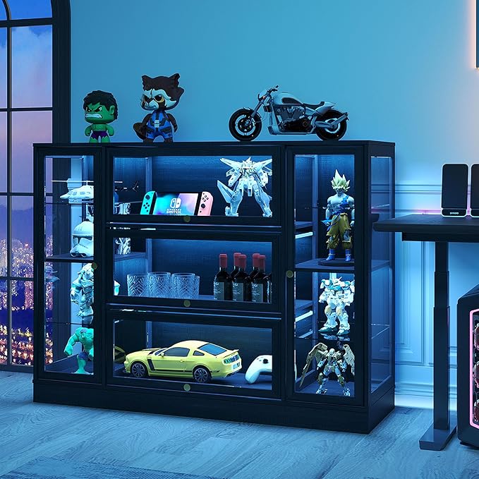 Display Cabinet with Acrylic Glass Doors,Extra Wide Curio Cabinet with LED Lighting for Collectibles, Collectibles Toy Organizers Rack & Display Shelf Display Case, Black