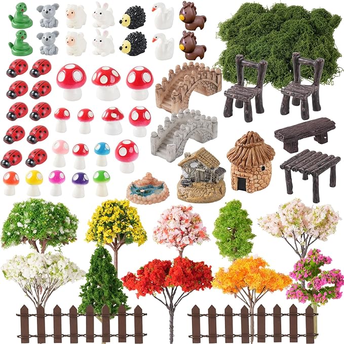 62 Pcs Mini Fairy Garden Accessories Outdoor, Fairy House Accessories Including Resin Animals, Miniature Figurines Micro Landscape Ornaments, Outdoor Fairy Garden Decor Kit