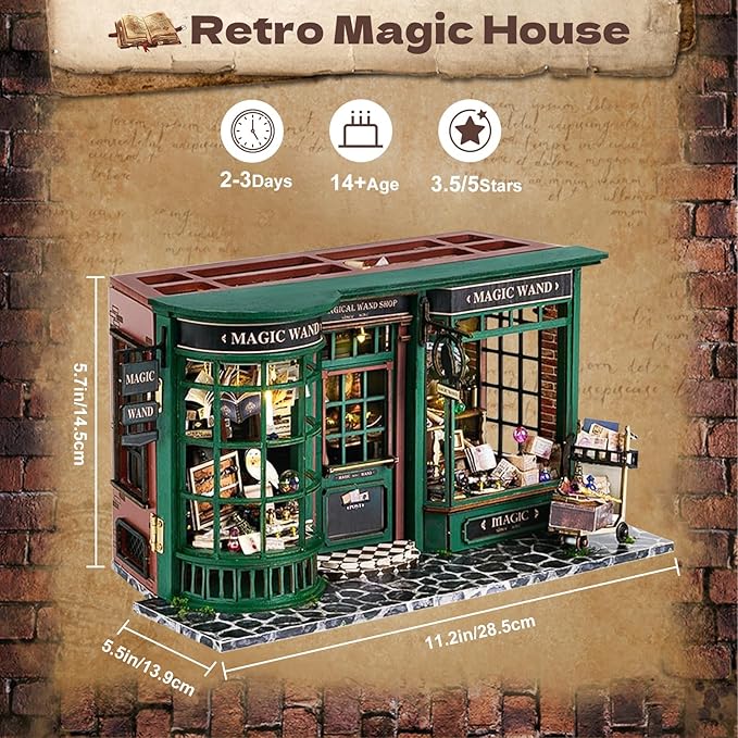 Hullisun DIY Book Nook Kit Expandable Miniature Dollhouse Kit, Retro European Magic House Bookshelf Insert Model with LED Light, Bookend Building Set 3D Wooden Puzzle for Adult Birthday Gift Women Men