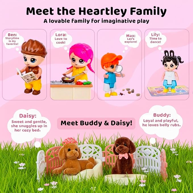 FUNERICA Dollhouse People & Pets – Velvety Furry Puppies, Pet Accessories & Posable Doll House Family Set – Dolls for Dollhouse, Little People Figures, Doll House Accessories and Furniture