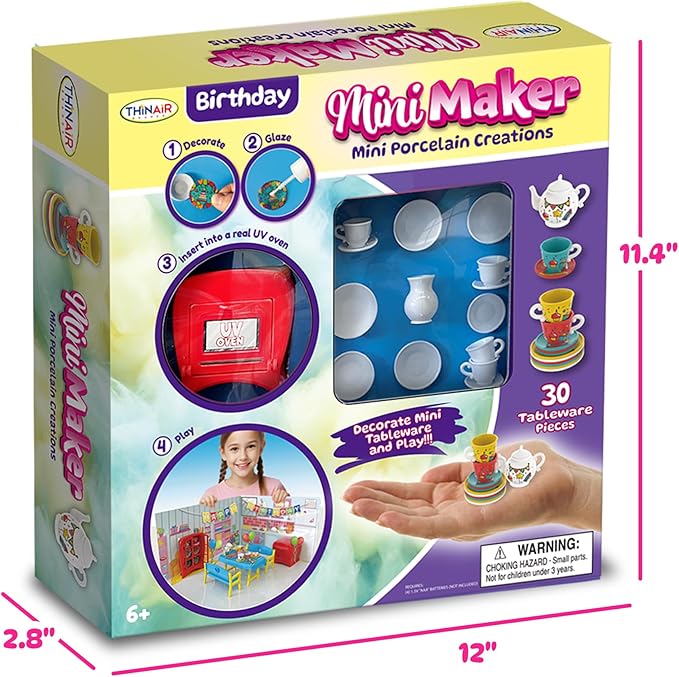 Mini Maker Party Creations – Paint Your Own Set with UV Oven – DIY Ceramic-Like Craft Kit for Girls & Boys – Decorate 30 Tableware Pieces – Decals & Glaze (Birthday Party)