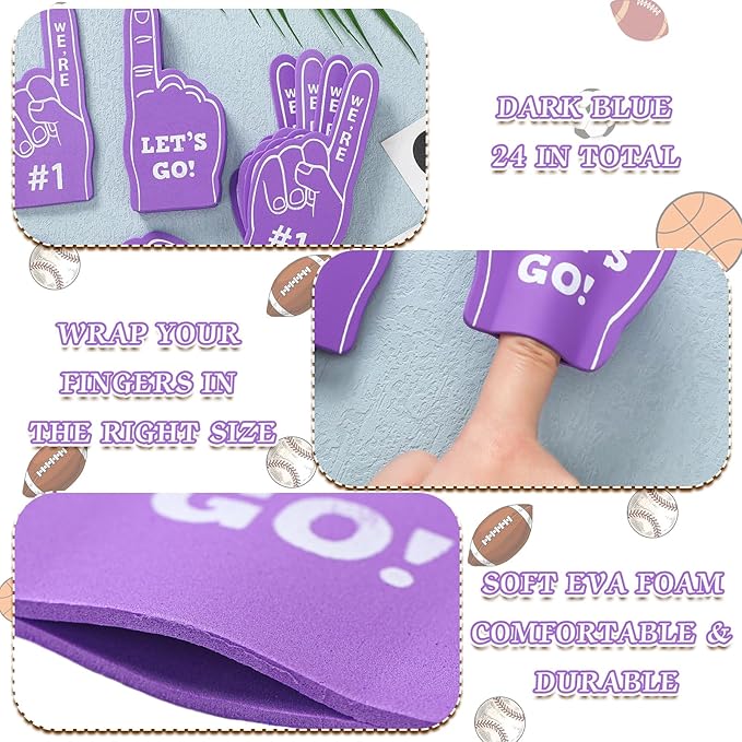 Sinmoe 24 Pcs Mini Foam Finger Baseball Fan Mini Foam Finger, We're #1 Sports Themed Party Supplies for Baseball Hockey Football Basketball Events Team Gifts(Purple)