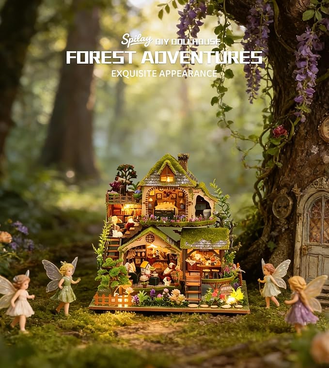 Spilay DIY Miniature House Kit, DIY Dollhouse Kit with Music Box, Forest Adventures 3D Wooden Puzzle Book Nook Kit for Adult, Bookshelf Decor&Gift for Birthday Halloween Christmas