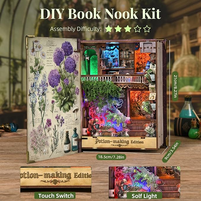 Magic Book Nook Building Set with Light, Booknook Building Toys for Bookshelf Home Decor, DIY Miniature House Model Kit, Gifts for Adults (Potion-Making Edition)