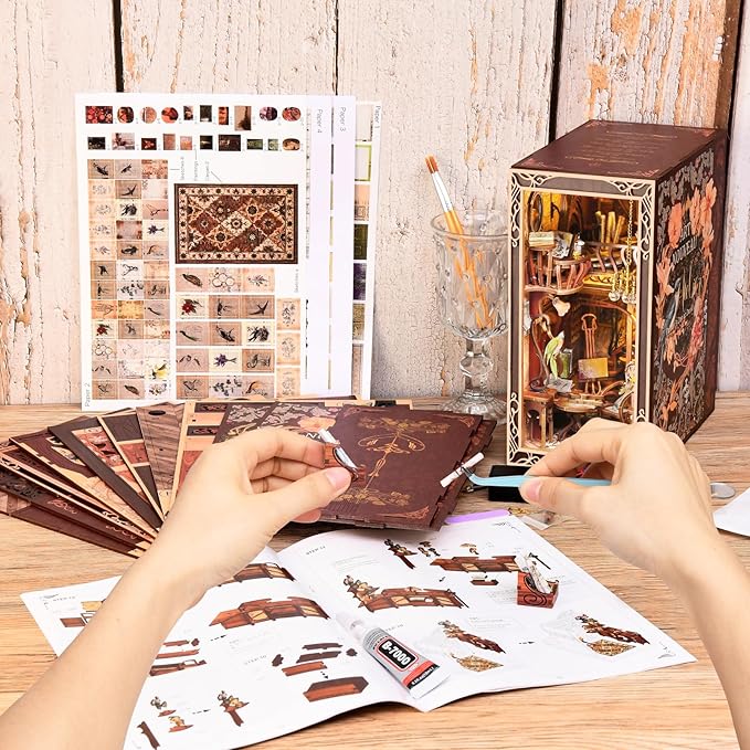 DIY Book Nook Kit, Miniature Dollhouse Booknook Kit, 3D Wooden Puzzle Bookend Bookshelf Insert with LED Light for Teens and Adults, Painter's Day at Dusk